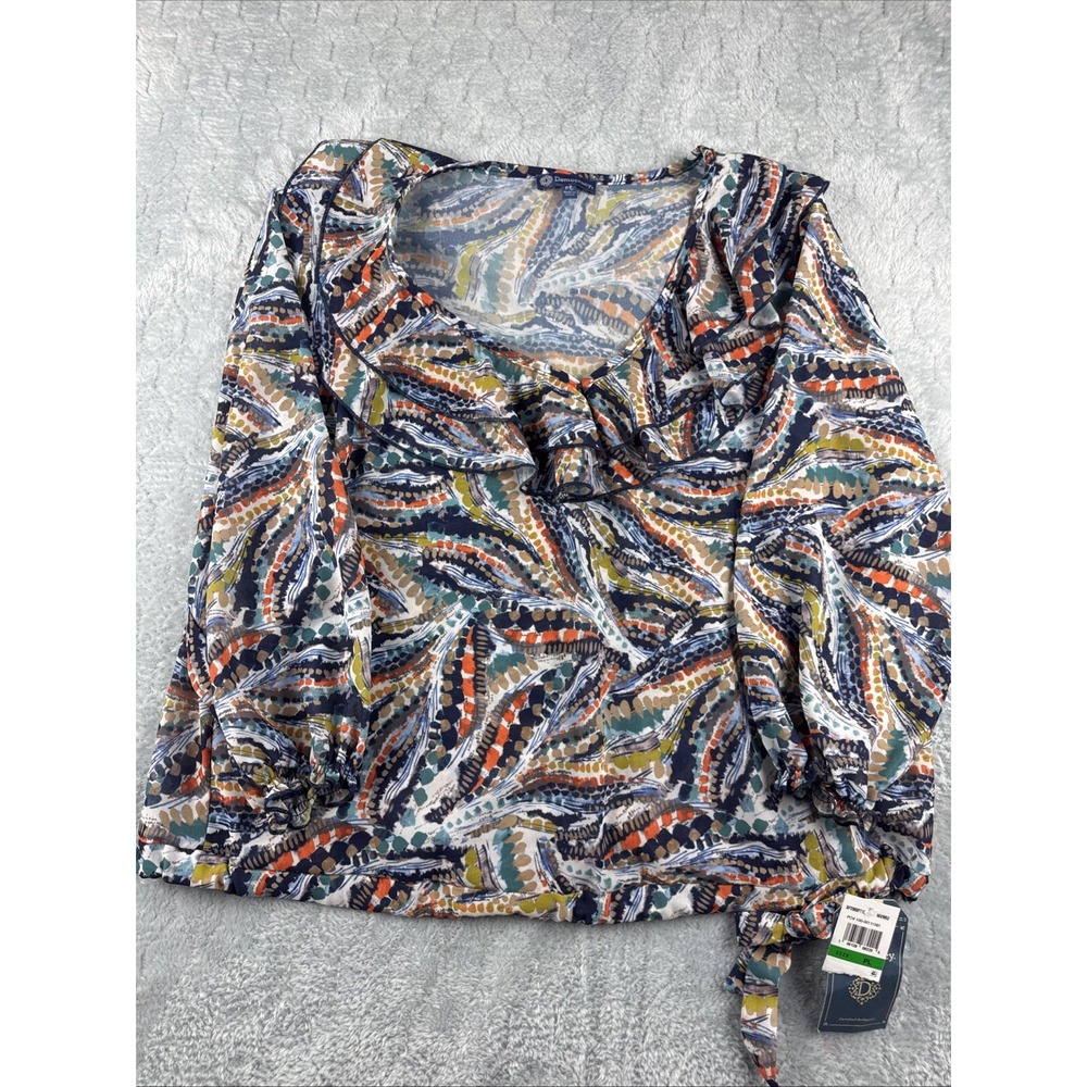Democracy Women's PL Long Sleeve Ruffle V Neck Blouse Flowy Colorful Fall Tie